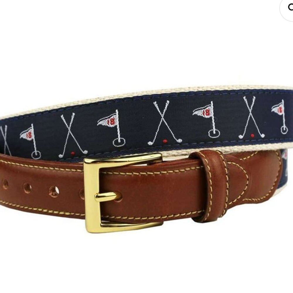 Judge Smails Golf Flags Leather Tab Belt in Navy by Country Club Prep size 32